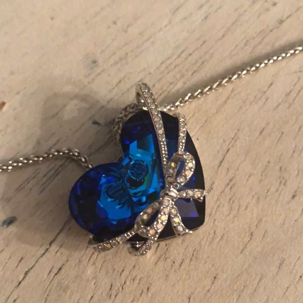 Blue heart Crystal bow necklace love you forever engraved on back